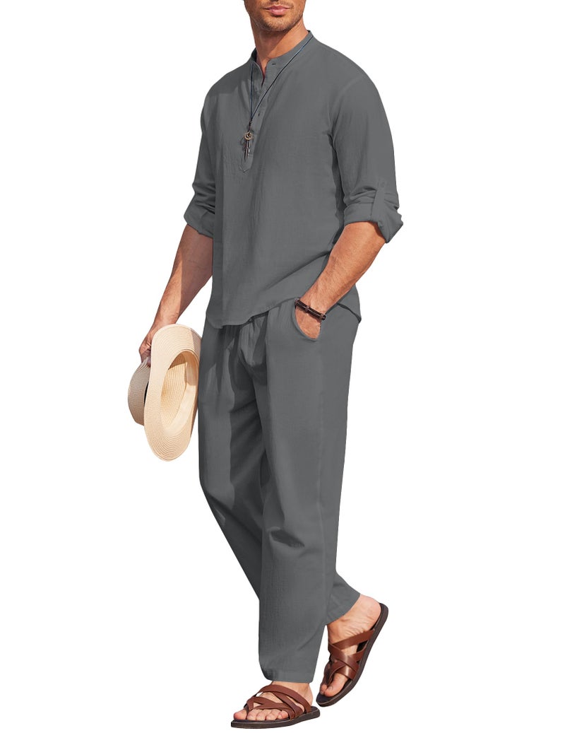 COOFANDY Mens 2 Pieces Cotton Linen Set Long Sleeve Henley Shirts Casual Beach Pants With Pockets Summer Yoga Outfits - Image 2