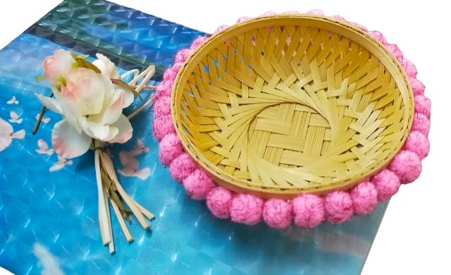 VMD RO 6 Pink Glitter Poms BAMBOO BASKET USE FOR DECORATION GIFTING HEMPAR SET OF 6 - Image 4