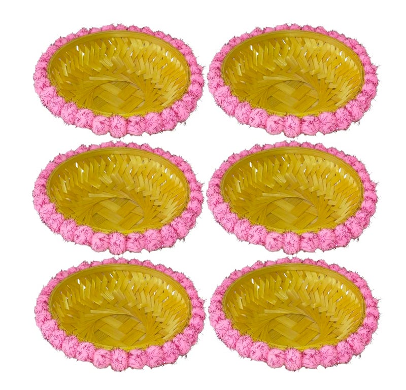 VMD RO 6 Pink Glitter Poms BAMBOO BASKET USE FOR DECORATION GIFTING HEMPAR SET OF 6 - Image 1