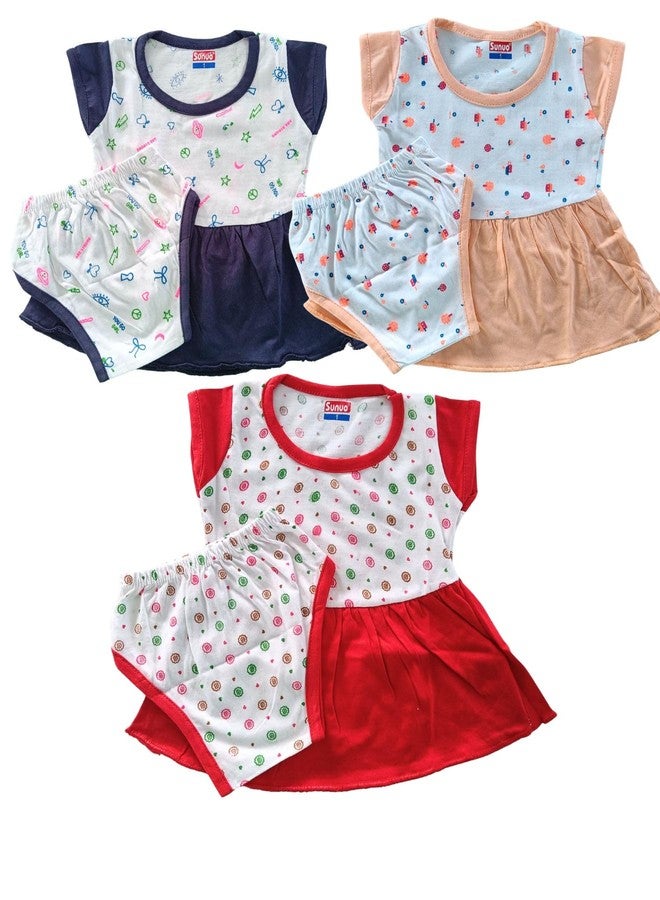 SUNUO Baby Girl Cotton A-Line Frock with Pant Combo (Pack of 3) (in, Age, 3 Months, 6 Months, Regular, RBO-3) Multicolour - Image 1