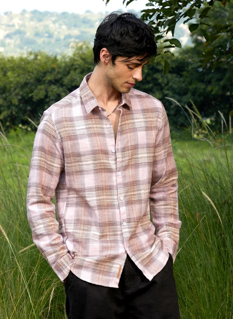 Campus Sutra Men's Venetian Red & Coin Grey Vignette-Checkered Oversized Shirt For Casual Wear | Spread Collar | Long Sleeve | Button Closure | Oversized Shirt Crafted With Comfort Fit For Everyday Wear
