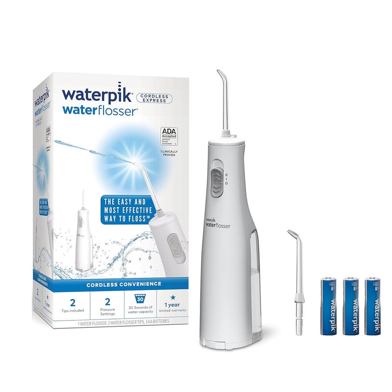 Waterpik جهاز تنظيف الأسنان بالماء اللاسلكي ووتربك إكسبريس يعمل بالبطارية محمول للسفر والمنزل معتمد من ADA مقاوم للماء للاستخدام في الدش أبيض WF02 قد يختلف التعبئة - Image 1