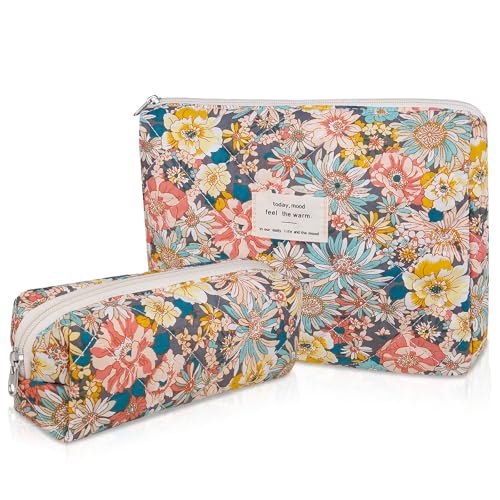 Gosect 2PC Makeup Bag Set Cute Cosmetic Bag for Women Girls Floral Coquette Aesthetic Toiletry Bag Travel Make Up Organizer Bag South Twigs Flower - Image 1