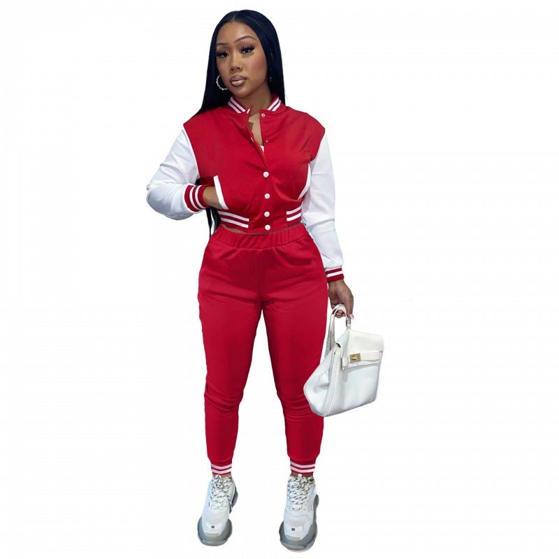 Baseball Jacket  Pants Set Womens Sports Suit big red 