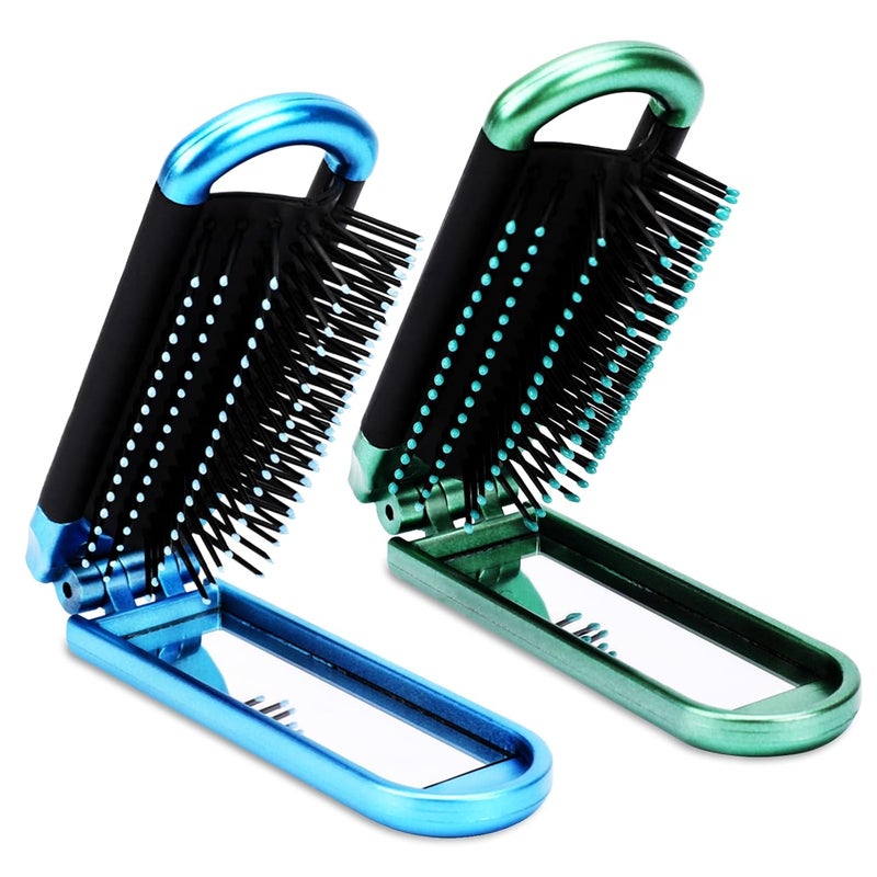 Sliverdew Mini Folding Compact Hair Brush with Mirror for Women and Girls Massage and Pocket Comb for Travel Gym Purse Swimming Blue  Green