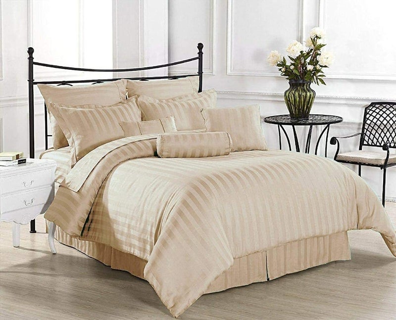 PRISCILLA 220 GSM 400TC Microfiber Satin Stripe Cotton AC Comforter Set King Size Double Bed with 1 Flat bedsheet90x100 inch and Two Pillow Covers II 4 pc Bedding Set for HomeHotels Cream - Image 1