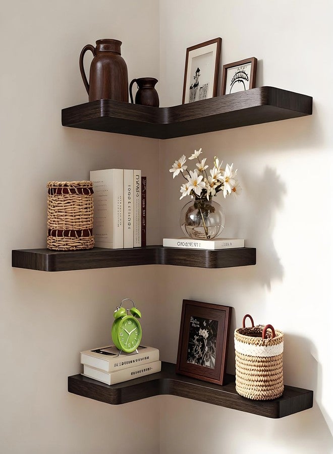jubilander Floating Corner Shelves Set of 3, Solid Wood Picture Wall Shelf, Floating Shelves for Storage for Bedroom Kitchen Bathroom Living Room (Burnt) - Image 1