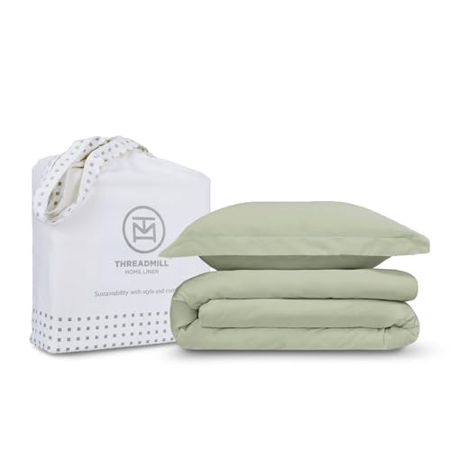 Threadmill Sage Green Duvet Cover Twin Size Bedding Set, Breathable Comforter Cover, Soft 2-Pc 100% Cotton Twin Duvet Cover Set with 1 Pillow Sham, Strong Button Closure & Corner Ties - Image 1
