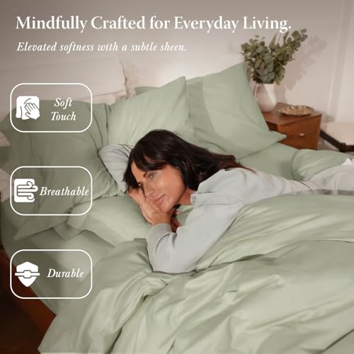 Threadmill Sage Green Duvet Cover Twin Size Bedding Set, Breathable Comforter Cover, Soft 2-Pc 100% Cotton Twin Duvet Cover Set with 1 Pillow Sham, Strong Button Closure & Corner Ties - Image 5