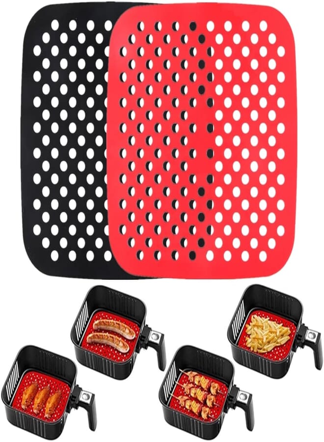 Beauenty 2-pcs Reusable Air Fryer Liner Square, 7.5" Easy-clean Non-stick Silicone Pad, Mini Air Fryer Cooking Accessories Replacement For Parchment Paper BPA Free(black+red)