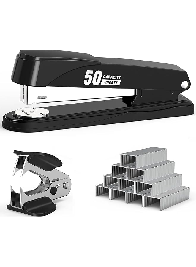 إيروريكس دباسة معدنية شديدة التحمل بسعة 50 ورقة مع 2000 دبوس ومزيل دبابيس دباسة كاملة الشريط للمكتب بدون انحشار دباسة مكتب غير قابلة للانزلاق مع دبابيس للمكتب والفصول الدراسية باللون الأسود - Image 1