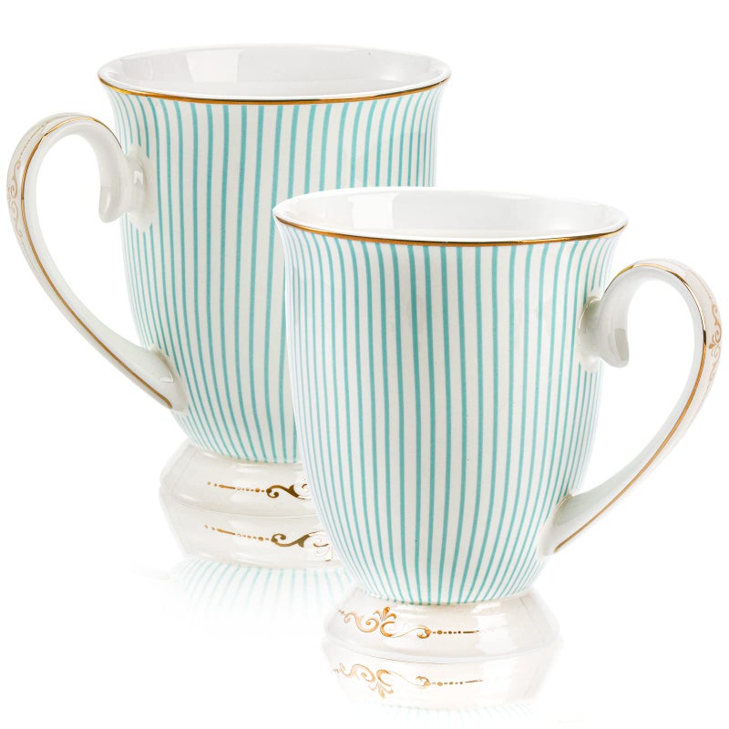 Dicunoy Dicunoy 2 Pack Bone China Mugs 11oz Fine China Coffee Tea Cups with Gold Trim Thin Vintage Cup with Pedestal for Valentines Day Mothers Day Birthday Anniversary Christmas Gift 