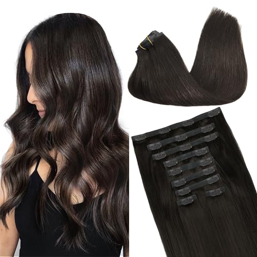 Googoo GOO GOO Clip in Hair Extensions Real Human Hair, Remy Human Hair Extensions Clip ins for Women, Natural Human Hair, 14inch 130g 9Pcs, 2 Dark Brown - Image 1