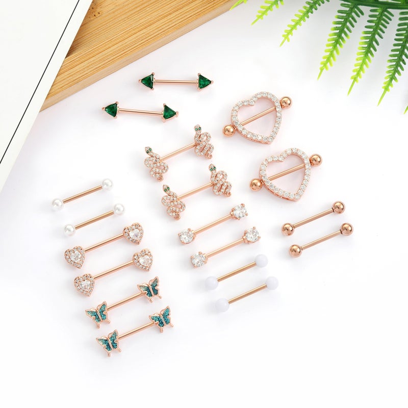 Tornito 9 Pairs Nipple Rings 14G Stainless Steel Heart Butterfly Snake Ball Emerald Triangle CZ Barbell Tongue Rings Set Cute Body Piercing Jewelry for Women 16mm Rose Gold Tone - Image 3