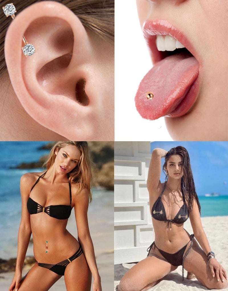 Tornito 9 Pairs Nipple Rings 14G Stainless Steel Heart Butterfly Snake Ball Emerald Triangle CZ Barbell Tongue Rings Set Cute Body Piercing Jewelry for Women 16mm Rose Gold Tone - Image 4