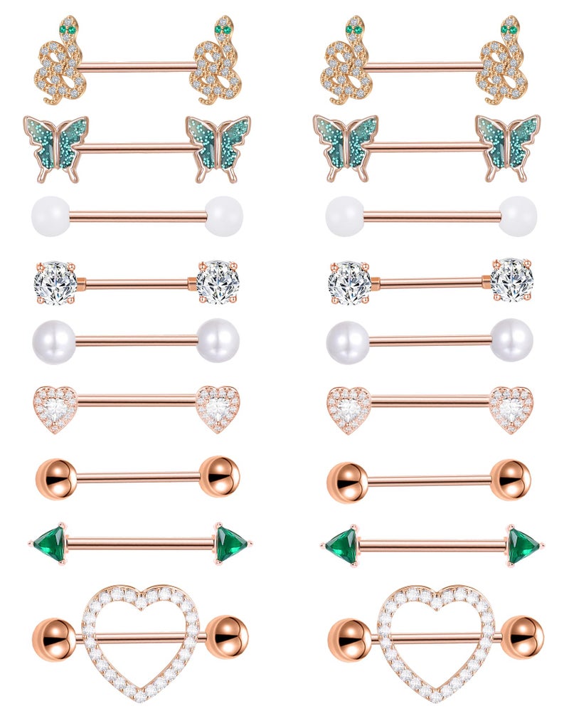 Tornito 9 Pairs Nipple Rings 14G Stainless Steel Heart Butterfly Snake Ball Emerald Triangle CZ Barbell Tongue Rings Set Cute Body Piercing Jewelry for Women 16mm Rose Gold Tone - Image 1