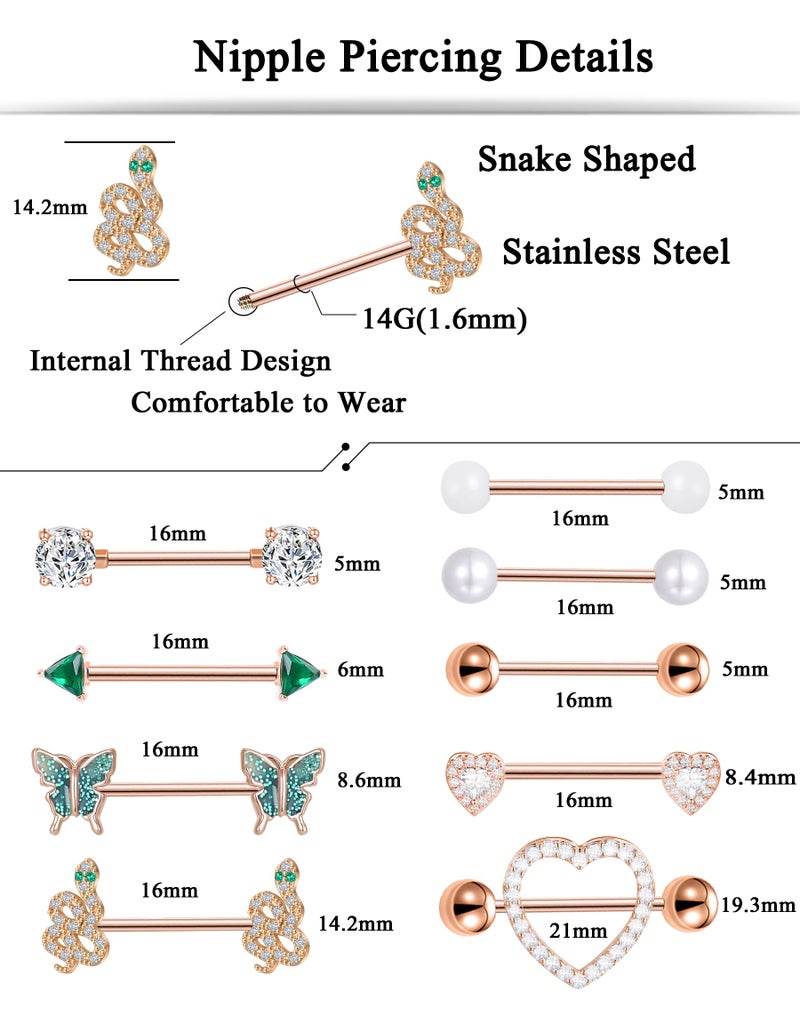 Tornito 9 Pairs Nipple Rings 14G Stainless Steel Heart Butterfly Snake Ball Emerald Triangle CZ Barbell Tongue Rings Set Cute Body Piercing Jewelry for Women 16mm Rose Gold Tone - Image 2