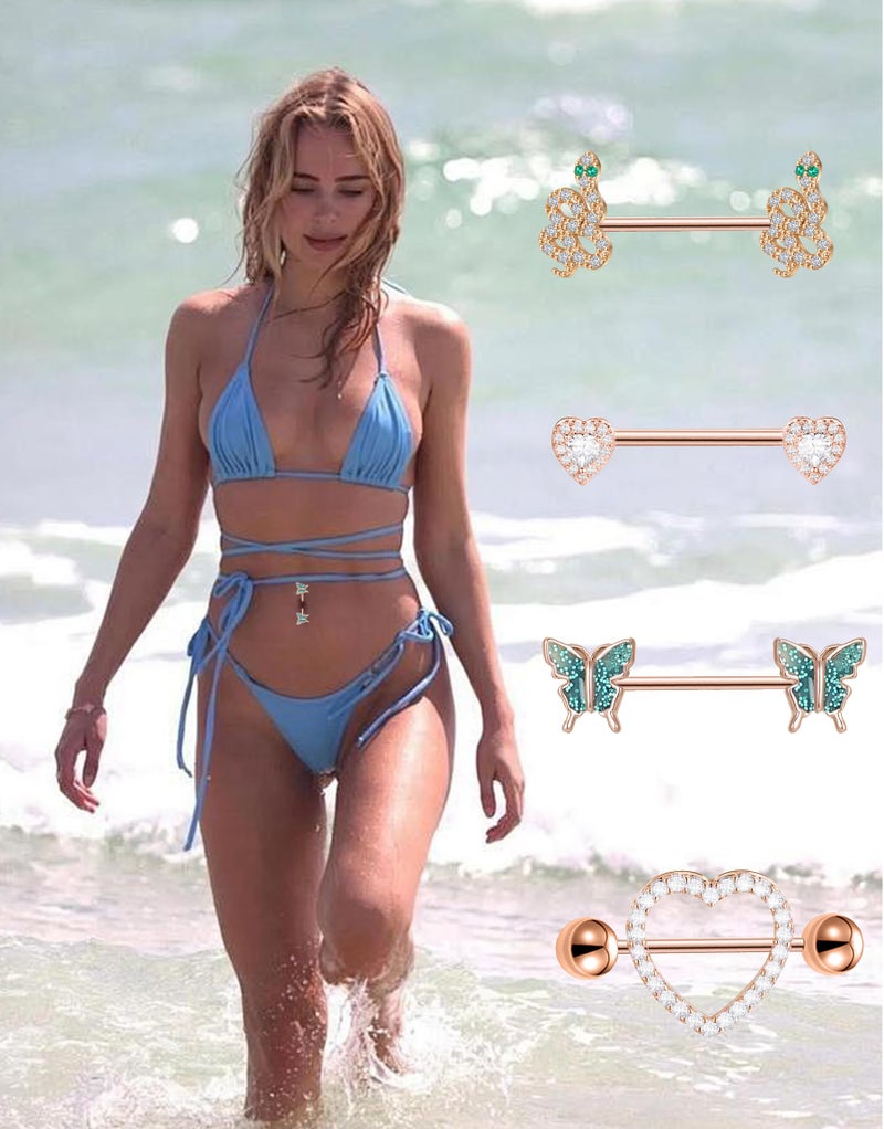 Tornito 9 Pairs Nipple Rings 14G Stainless Steel Heart Butterfly Snake Ball Emerald Triangle CZ Barbell Tongue Rings Set Cute Body Piercing Jewelry for Women 16mm Rose Gold Tone - Image 5