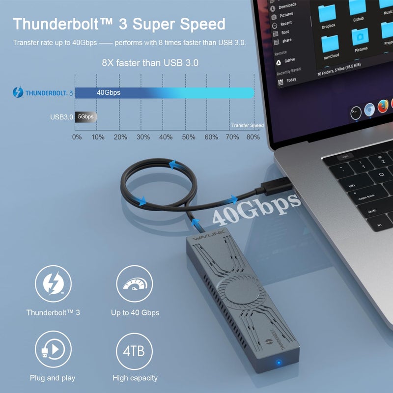 WAVLINK NVMe Enclosure for PCIe 2280 SSD, Thunderbolt 3 40Gbps to M/B+M Key M.2 Enclosure, Compatible with Thunderbolt 4/3/USB 4, NVMe SSD Enclosure with High Performance Heatsink, up to 4TB - Image 2