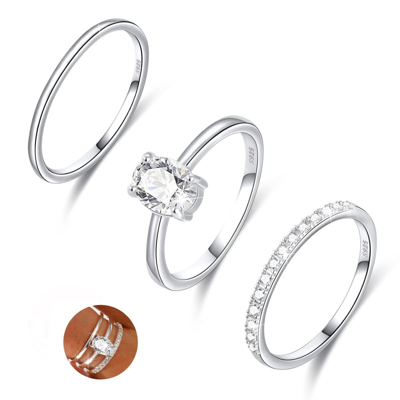 Diorra Silver Ring for Women, 4PCS Thin Sterling Silver Stackable Rings Set Cubic Zirconia Engagement Statement Wedding Bands for Women Size 5-10 - Image 1