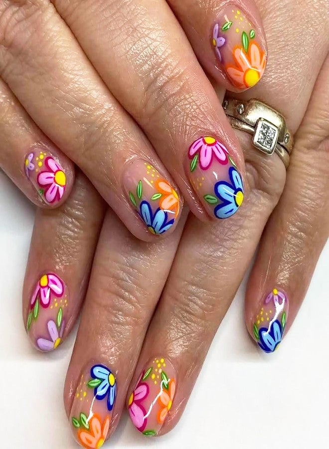 KKUUOO Colorful Flower Press on Nails,Spring Summer Fake Nails Short Square Acrylic Nails with Colorful Daisy Designs Full Cover Glossy Press ons Stick on Nails for Women Manicure 24Pcs - Image 1