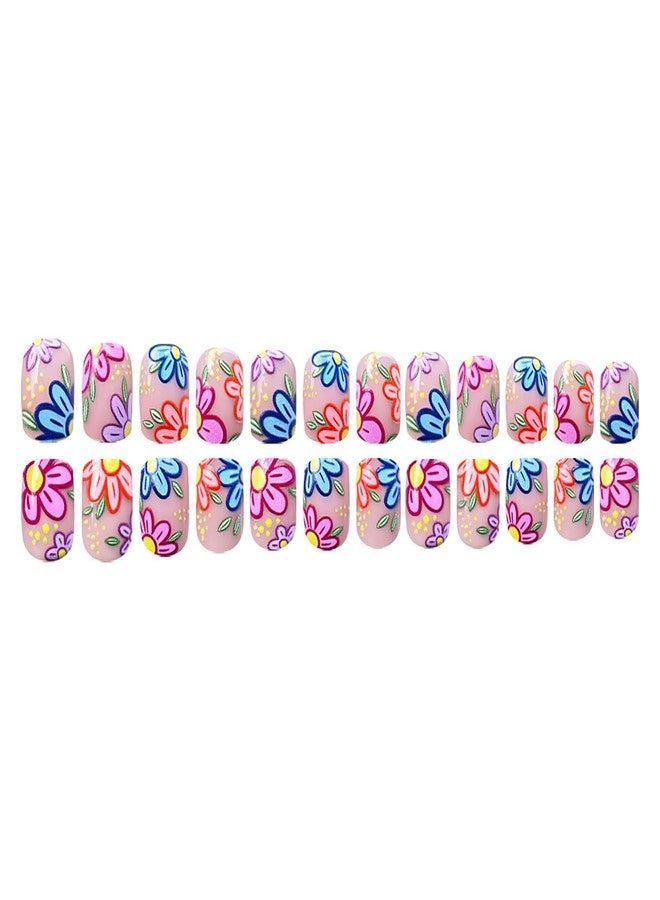KKUUOO Colorful Flower Press on Nails,Spring Summer Fake Nails Short Square Acrylic Nails with Colorful Daisy Designs Full Cover Glossy Press ons Stick on Nails for Women Manicure 24Pcs - Image 3