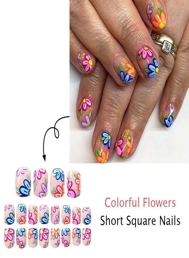KKUUOO Colorful Flower Press on Nails,Spring Summer Fake Nails Short Square Acrylic Nails with Colorful Daisy Designs Full Cover Glossy Press ons Stick on Nails for Women Manicure 24Pcs - Image 4