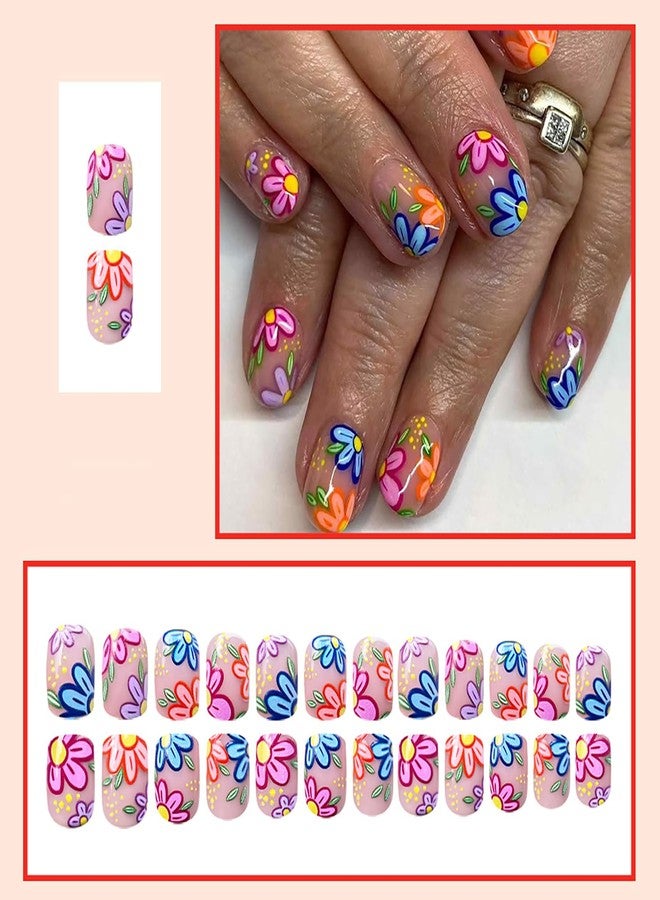 KKUUOO Colorful Flower Press on Nails,Spring Summer Fake Nails Short Square Acrylic Nails with Colorful Daisy Designs Full Cover Glossy Press ons Stick on Nails for Women Manicure 24Pcs - Image 5
