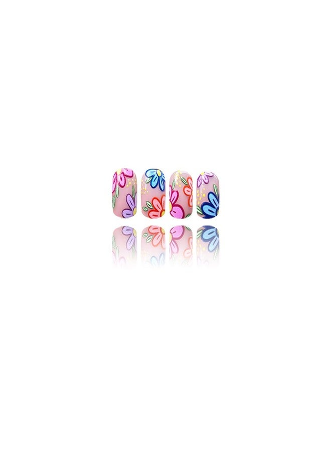 KKUUOO Colorful Flower Press on Nails,Spring Summer Fake Nails Short Square Acrylic Nails with Colorful Daisy Designs Full Cover Glossy Press ons Stick on Nails for Women Manicure 24Pcs - Image 2