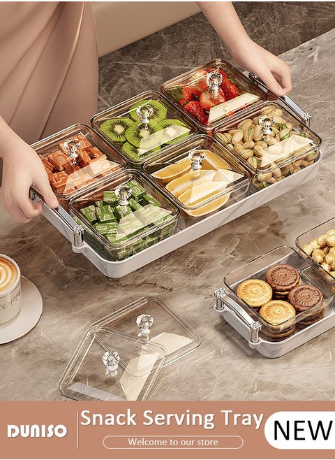 Snack Serving Tray with Lid 6 Clear Candy and Nut Serving Container set with Metal Rack,Snack Serving Platter Plastic Appetizer Platter Relish Storage Organizer Plate Food Display Bowls for Vegetables Candy Fruit Dips