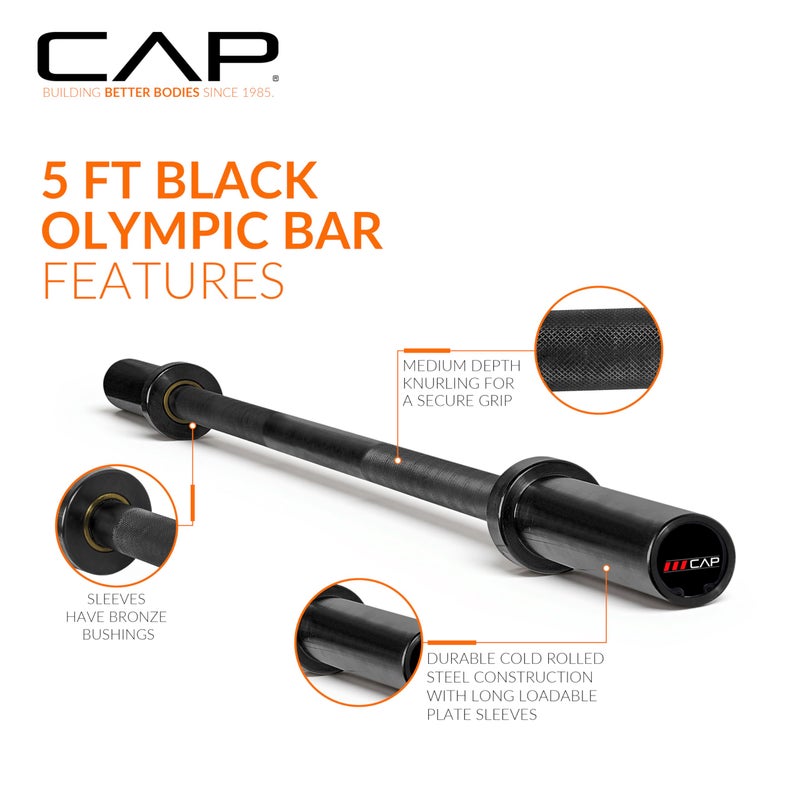 CAP Barbell كاب باربل 2" أولمبي صلب 5 قدم بار، برونز بوشينجز، أسود - Image 3