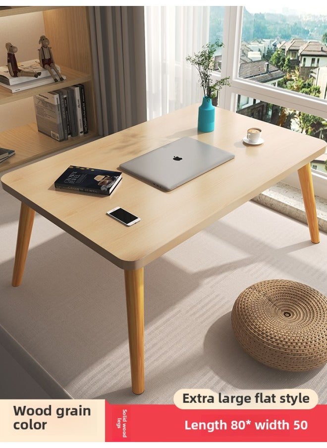 Solid Wood Leg Bed Small Table Home Bedroom Bay Window Learning Writing Office Simple Desk Lazy Computer Table-Color:80*50*50cm [solid Wood Legs] Wood Grain Color  - Image 1