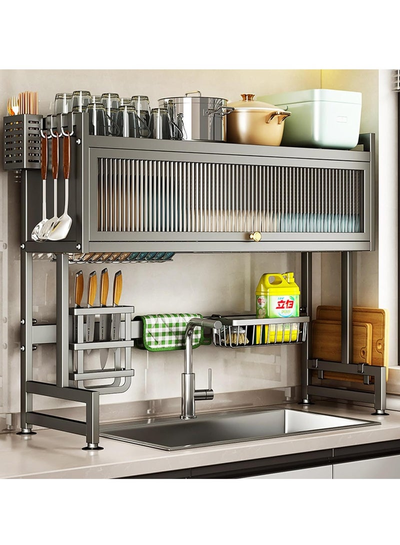 The Sink Dish Drainer Drying Rack,2 Tier Dish Drying Rack for Kitchen Counter, Large Dish Drying Rack with Flip Door, Over Sink Dish Drying Rack for Family Use,Dust-Proof,95cm - Image 1