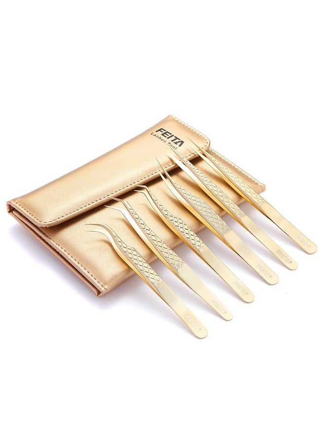 FEITA Eita Eyelash Extension Tweezer Set Gold Lash Applicator Tool Precision Lashes Diamond Grip Tweezers For 2D6D Volume & Individual Eyelashes Extensions Supplies (6Pcs) - Image 1