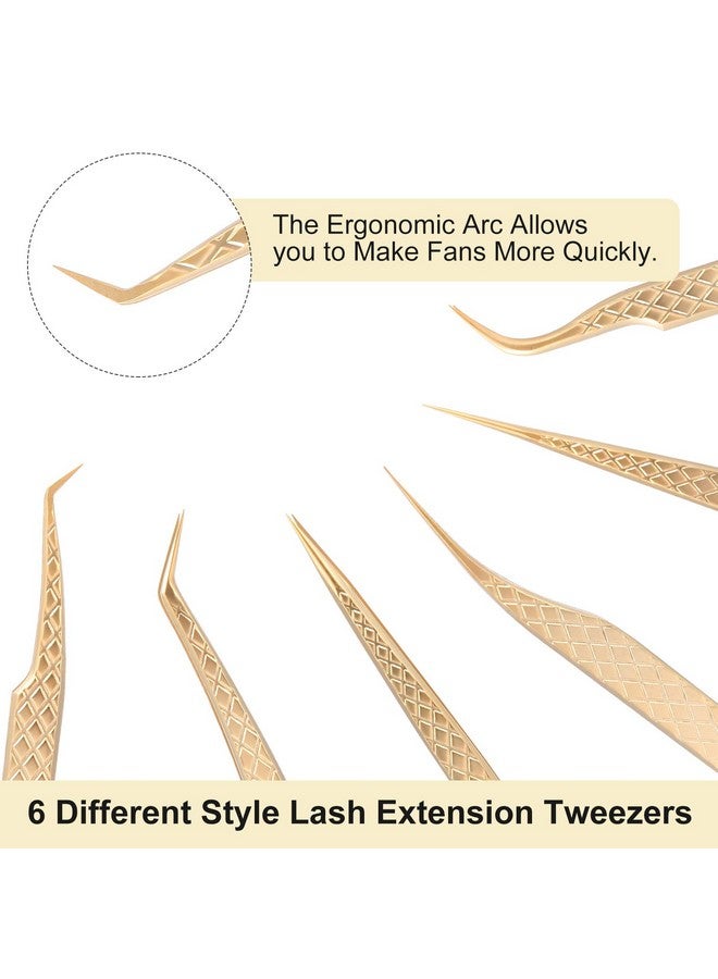FEITA Eita Eyelash Extension Tweezer Set Gold Lash Applicator Tool Precision Lashes Diamond Grip Tweezers For 2D6D Volume & Individual Eyelashes Extensions Supplies (6Pcs) - Image 5
