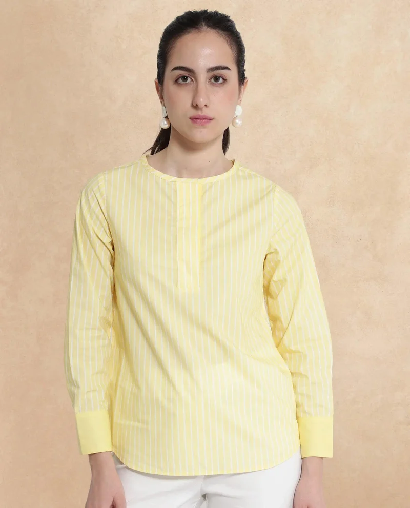 Rareism Women's Cuffed Sleeve Round Neck Top