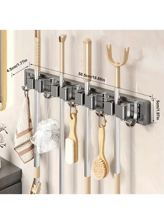 Grey Mop And Broom Holder With 5 Hooks 4 Clips Wall Mounted Storage Space Saving - Image 2