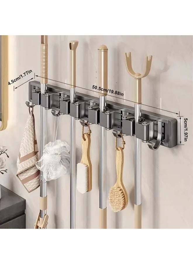 Grey Mop And Broom Holder With 5 Hooks 4 Clips Wall Mounted Storage Space Saving - Image 1