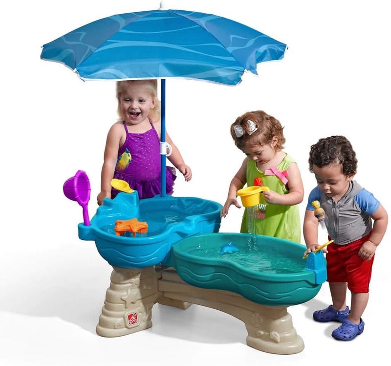 Step2 Spill & Splash Seaway Water Table, Kids Two-Tier Water and Sand Activity Sensory Playset, Comes with Umbrella, Summer Outdoor Toys, 11 Piece Toy Accessories, For Toddles 1.5+ Years Old - Image 1