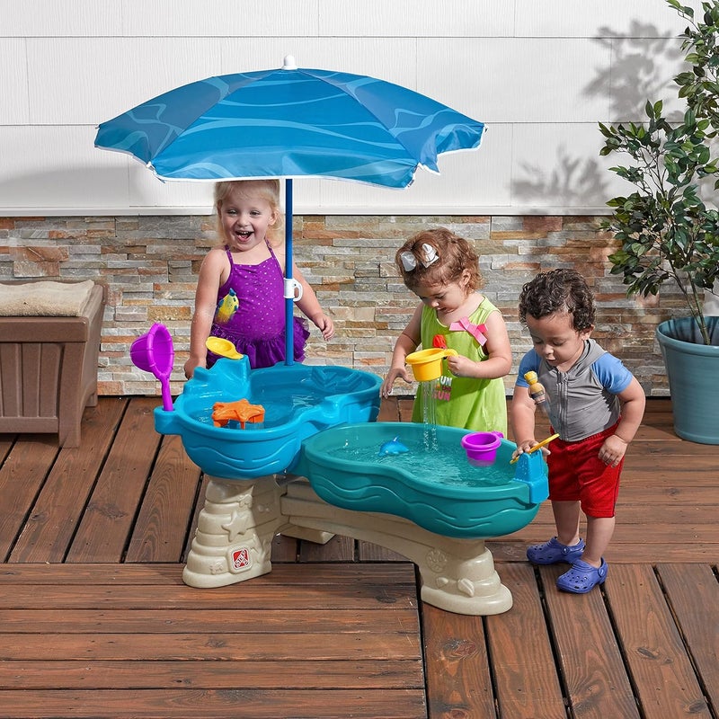 Step2 Spill & Splash Seaway Water Table, Kids Two-Tier Water and Sand Activity Sensory Playset, Comes with Umbrella, Summer Outdoor Toys, 11 Piece Toy Accessories, For Toddles 1.5+ Years Old - Image 2