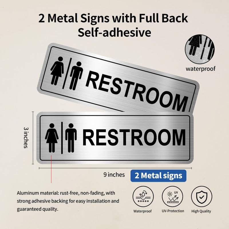 Frohllia Restroom Sign - (2 Pack ) Metal Restroom Signs for Business with Strong Self-Adhesive, Bathroom Signs for Home Door or Wall, Ideal Unisex Restroom Signs for Women and Men, Easy to Install (Brushed Nickel Unisex 9" x 3") - Image 2