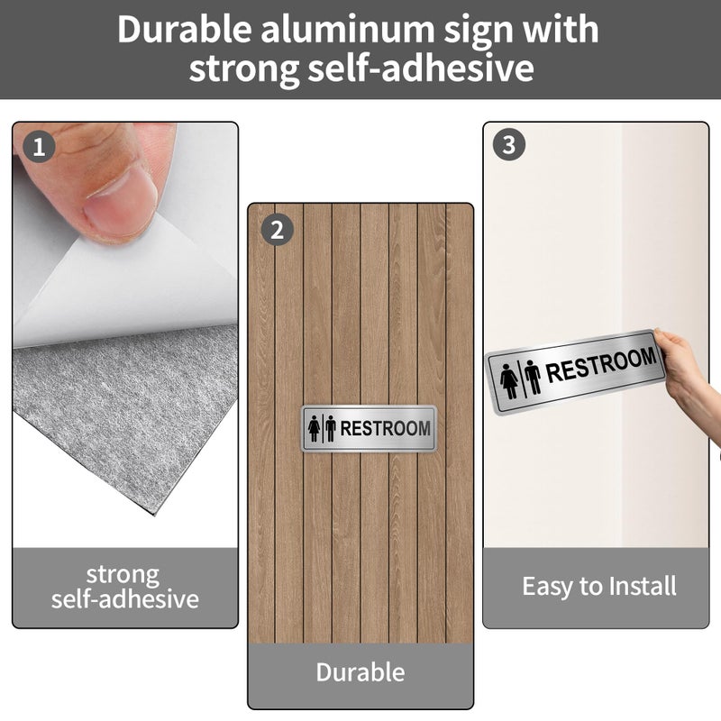 Frohllia Restroom Sign - (2 Pack ) Metal Restroom Signs for Business with Strong Self-Adhesive, Bathroom Signs for Home Door or Wall, Ideal Unisex Restroom Signs for Women and Men, Easy to Install (Brushed Nickel Unisex 9" x 3") - Image 3