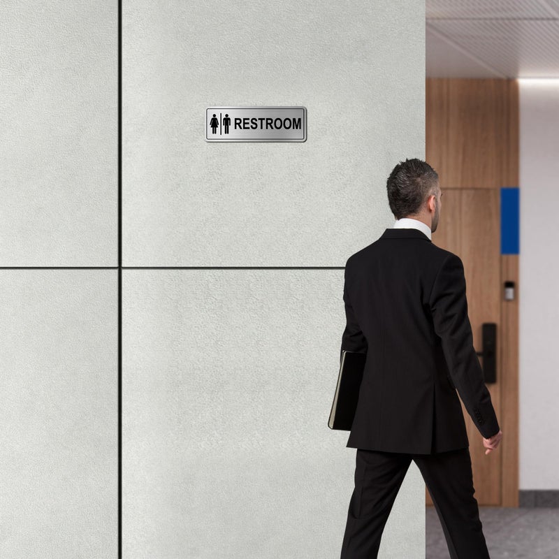 Frohllia Restroom Sign - (2 Pack ) Metal Restroom Signs for Business with Strong Self-Adhesive, Bathroom Signs for Home Door or Wall, Ideal Unisex Restroom Signs for Women and Men, Easy to Install (Brushed Nickel Unisex 9" x 3") - Image 4