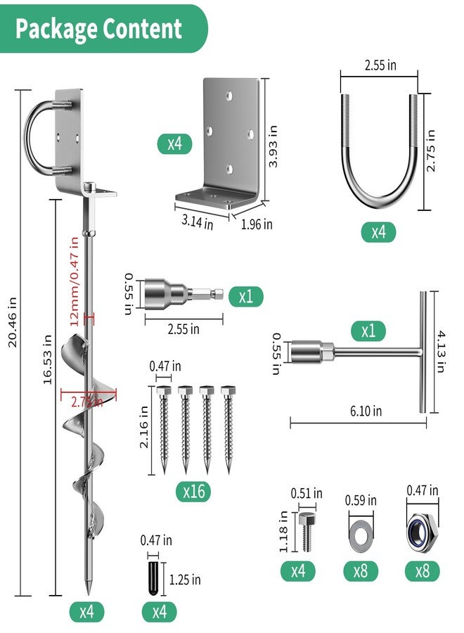Phopich Multi-Purpose Ground Anchors Screw in, 16in 4Pack Fully Welded Heavy Duty Trampoline Stakes with Brackets, T-Wrench and Adapter for Drill, Earth Anchor kit for Mobile Home, Trampoline, Shed - Image 4
