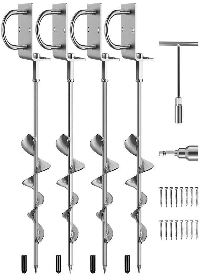 Phopich Multi-Purpose Ground Anchors Screw in, 16in 4Pack Fully Welded Heavy Duty Trampoline Stakes with Brackets, T-Wrench and Adapter for Drill, Earth Anchor kit for Mobile Home, Trampoline, Shed - Image 1