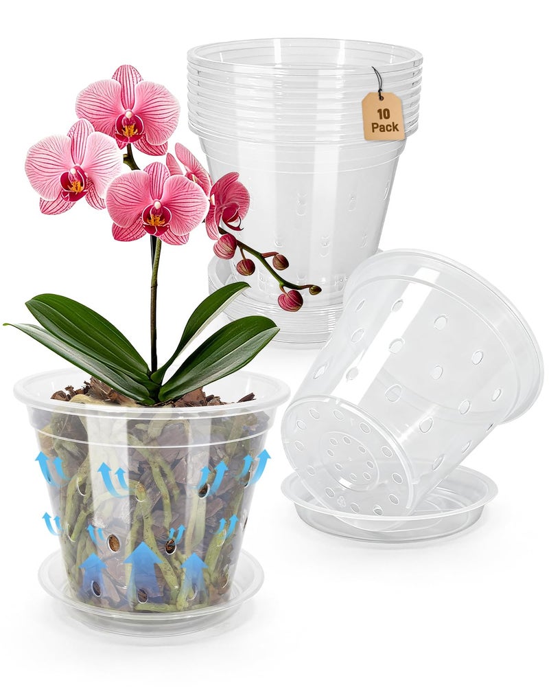 Biotolot 10 Pack 7 Inch Orchid Pot , Deeper and Thicker Plastic Orchid Pots with Holes, Clear Orchid Pots with Holes and Saucers for Repotting , Indoor and Outdoor Orchid Planter for Healthy Root Growth - Image 1