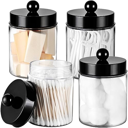 Amolliar Apothecary Jars Bathroom Vanity Storage Organizer Set -Countertop Canister Plastic Acrylic Jar - Farmhouse Decor Qtip Holder for Cotton Swabs,Makeup Sponges,Flossers ,Paper Clips-Black (4) - Image 1