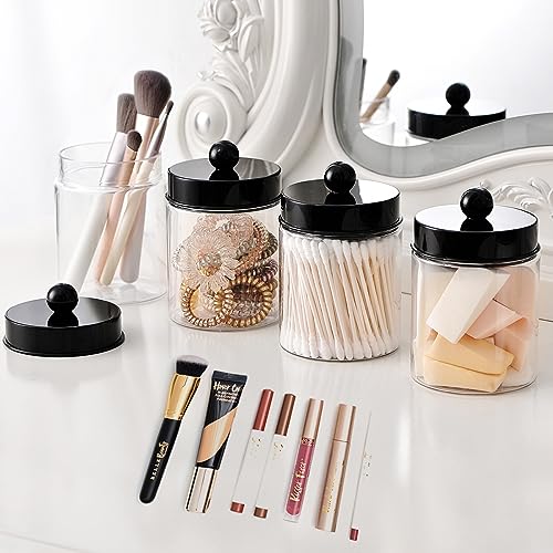 Amolliar Apothecary Jars Bathroom Vanity Storage Organizer Set -Countertop Canister Plastic Acrylic Jar - Farmhouse Decor Qtip Holder for Cotton Swabs,Makeup Sponges,Flossers ,Paper Clips-Black (4) - Image 4