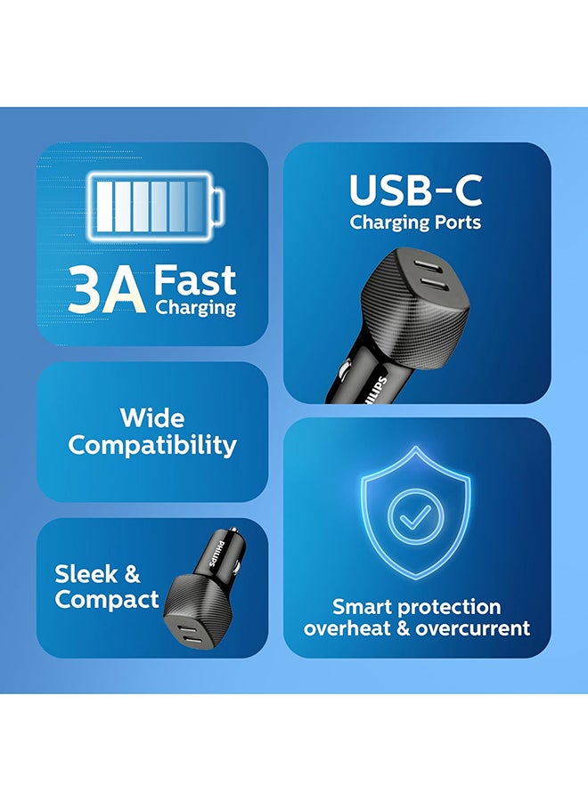 Philips 60W Dual USB-C Car Charger | Fast Charging PD 3.0 | iPhone 16/15/14, Samsung Galaxy S25/S24, iPad | Dual Port Simultaneous Charging | Smart Protection | Black Black - Without Cable - Image 3