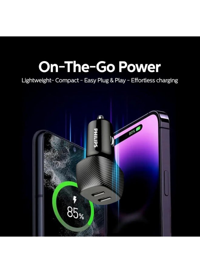 Philips 60W Dual USB-C Car Charger | Fast Charging PD 3.0 | iPhone 16/15/14, Samsung Galaxy S25/S24, iPad | Dual Port Simultaneous Charging | Smart Protection | Black Black - Without Cable - Image 2
